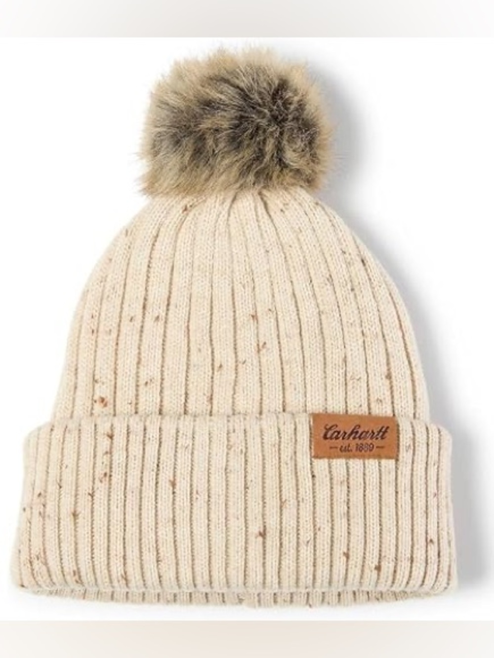 Carhartt Women's Wool Blend Knit Cuffed Oatmeal Nep Pom Pom Beanie OS